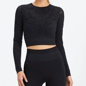 Fabletics Seamless Lace Long Sleeve Crop Top Black